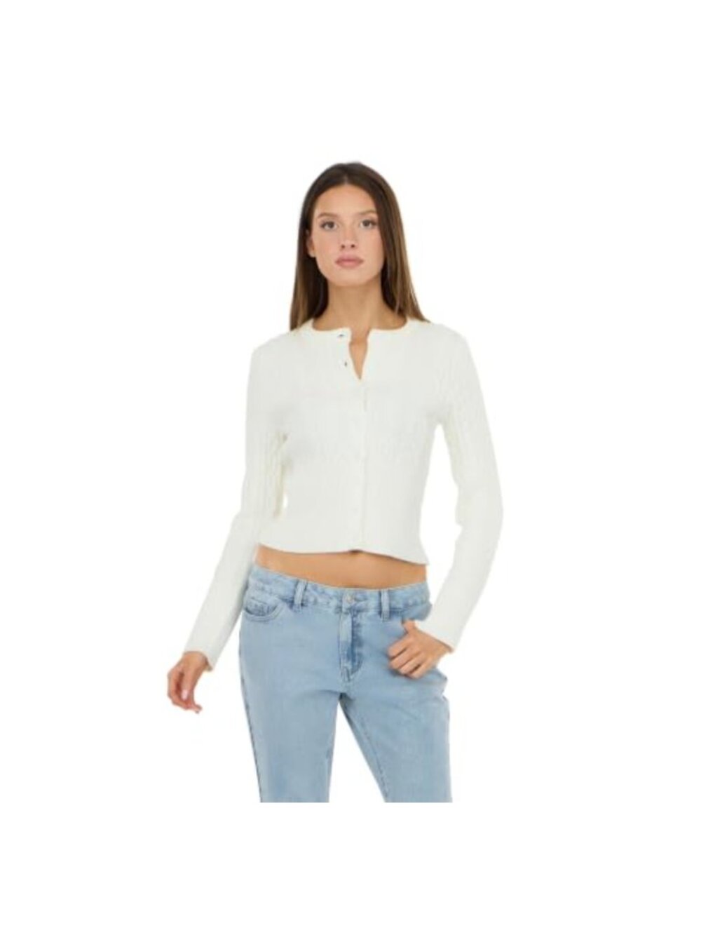 Cable Knit Fitted Cardigan Sweater Button Front Long Sleeve Crew Neck